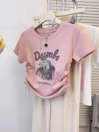 卡通印花小飞象短袖T恤女夏短款小个子设计感抽绳修身正肩上衣商品大图