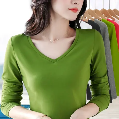 牛油果绿t恤女长袖v领常规百搭打底体恤秋季纯棉纯色修身内搭上衣图片