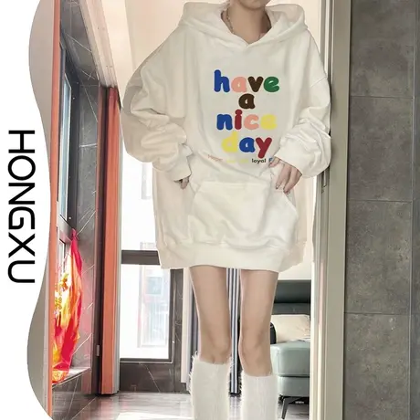 红续冬季新款趣味字母印花上衣可爱甜美风白色连帽卫衣加厚加绒潮商品大图