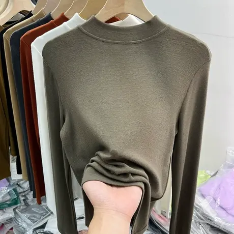 欧货纯色百搭圆领软糯长袖T恤女2022秋冬新款漂亮内搭打底衫上衣商品大图