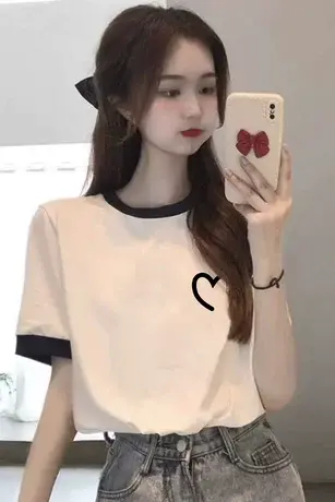 情侣装白色仿棉短袖t恤女2023夏季新款小众设计感美式复古上衣服商品大图