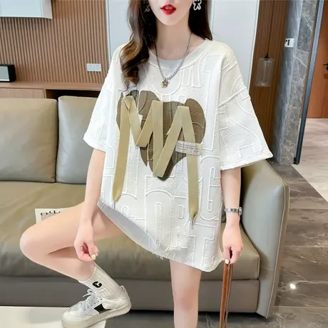 小众设计感短袖t恤女夏装韩版宽松大码中长款小个子华夫格上衣服图片