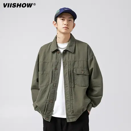 VIISHOW秋季夹克外套男潮日系复古工装翻领风琴褶洗水做旧上衣商品大图