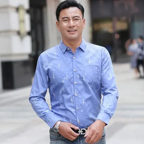 中年男士长袖衬衫春秋薄款夏季防皱商务条纹棉衬衣中老年人爸爸装图片