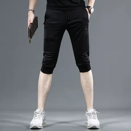 夏季冰丝七分休闲裤男2023新款黑色刺绣束脚男士弹力潮牌薄款中裤商品大图