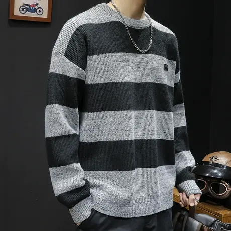 高级感条纹打底保暖毛衣男冬季内搭圆领男士加肥加大2022新款大码图片
