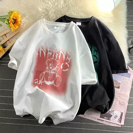 潮牌港风日系纯棉男士圆领短袖T恤2023新款夏季薄款夏天衣服男生商品大图