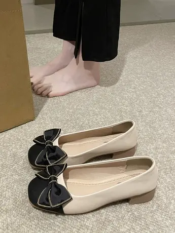 蝴蝶结单鞋女2023新款夏季时尚百搭浅口方头低跟仙女风法式晚晚鞋图片