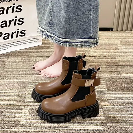 2023年秋冬季新款中粗跟英伦风马丁靴复古厚底切尔西靴短筒靴子女商品大图