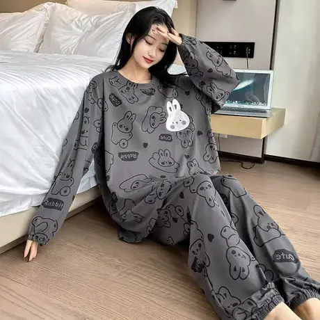胖mm大码睡衣女宽松圆领春秋季长袖长裤两件套家居服可外穿200斤商品大图
