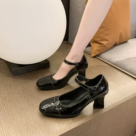 玛丽珍高跟鞋女2024年新款粗跟浅口单鞋通勤黑色复古高级感小皮鞋图片