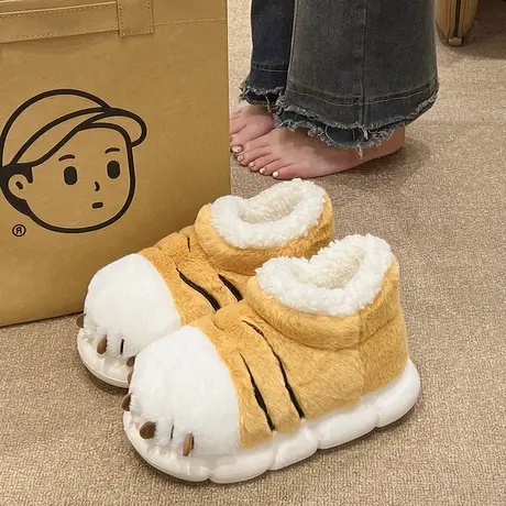 家用棉拖鞋女冬季外穿可爱虎爪加绒加厚保暖防滑厚底高帮包跟棉鞋商品大图
