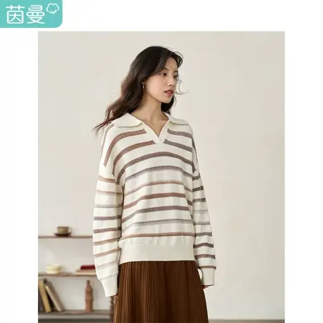 茵曼渐变马海毛条纹套头毛衣2023冬季女装新款翻领长袖宽松上衣商品大图
