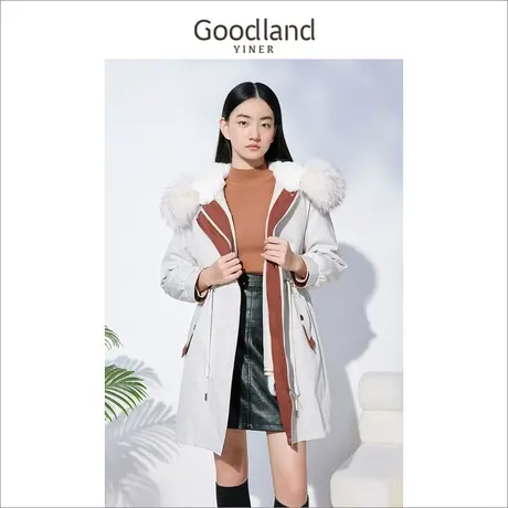 Goodland美地女装冬季时尚撞色口袋毛领连帽设计感保暖派克服图片