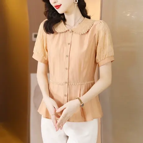 娃娃领短袖衬衫女夏季2023新款时尚收腰小衫洋气减龄设计感女上衣商品大图