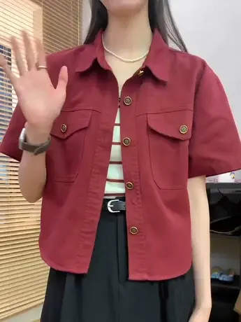 牛仔衬衫外套女短袖2023夏季新款韩版时尚复古翻领设计感洋气上衣商品大图