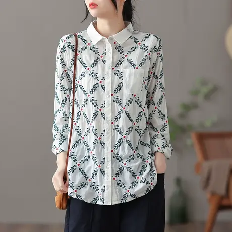 dza 文艺复古春季新款亚麻上衣女士衬衣薄款开衫百搭翻领气质衬衫图片