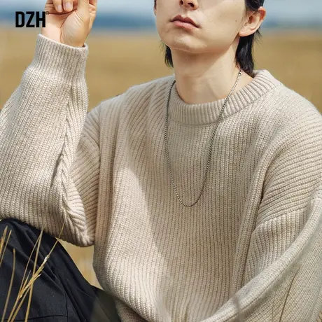 男士杏色圆领毛衣男秋冬港风高级感休闲长袖针织上衣宽松2023新款商品大图