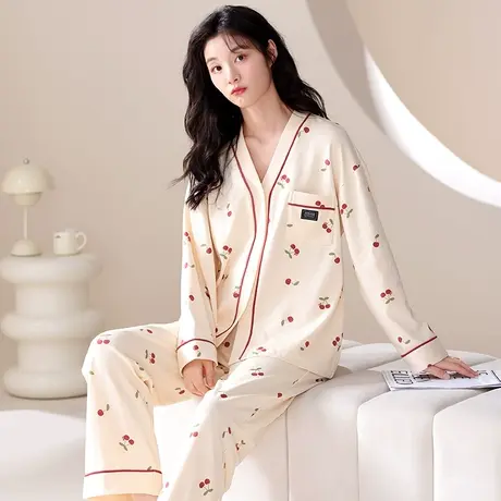 猫人春秋季睡衣女纯棉长袖开衫V领高级感全棉学生少女家居服套装图片