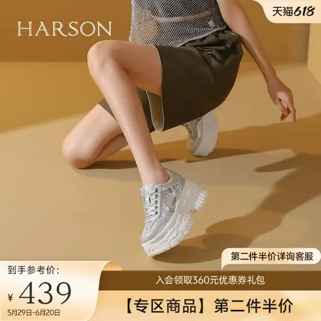 哈森蕾丝镂空厚底休闲鞋女秋新款银色网面运动板鞋HWC240173商品大图