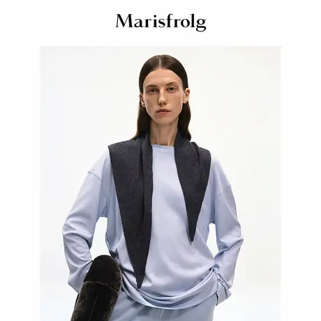 Marisfrolg玛丝菲尔2025秋新款冰石蓝落肩袖圆领休闲气质长袖上衣商品大图