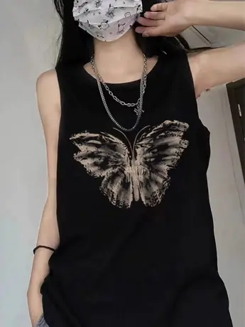纯棉吊带坎肩背心无袖t恤女夏外穿中长款宽松篮球服港风挂脖上衣图片