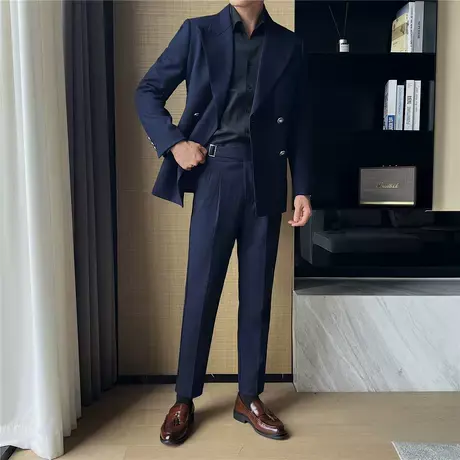 布雷泽暗条纹西服男套装秋冬重磅加厚双排扣大戗驳领高档礼服西装图片