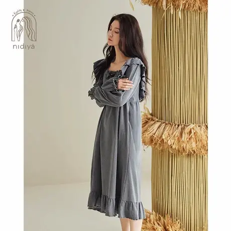妮狄娅睡衣睡裙女纯棉长袖复古宫廷风方领中长裙春秋款家居服商品大图