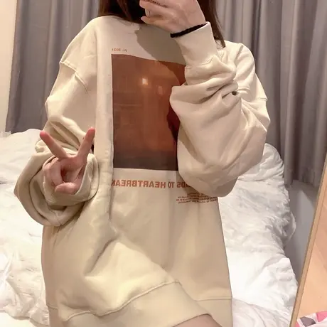 春秋新款杏色卫衣女2021新款宽松盐系慵懒风大码女装oversize超火商品大图