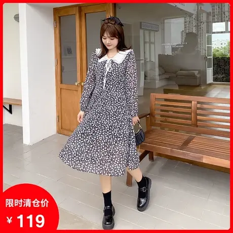 2021秋冬季新款娃娃领减龄绑带蝴蝶结雪纺碎花法式茶歇过膝连衣裙商品大图