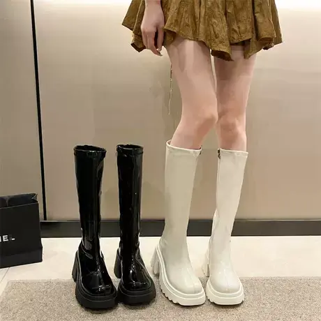 复古百搭显瘦靴子女2023新款夏季小个子ins高筒靴粗跟高跟骑士靴商品大图