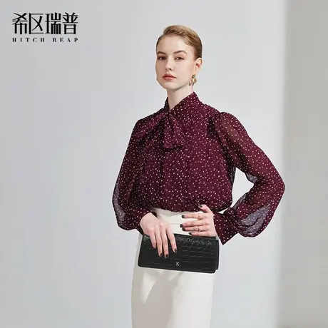 希区瑞普2025新款早秋飘带波点宽松泡泡袖长袖衬衫上衣图片