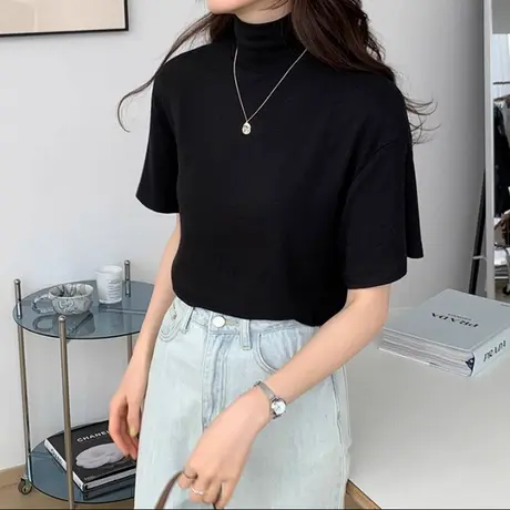 简约纯色高领五分袖T恤女夏季韩版宽松显瘦内搭打底衫短袖上衣潮商品大图