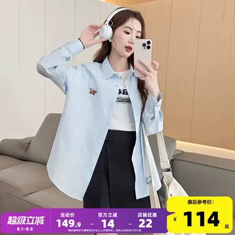 唐狮2025年新款女长袖衬衫蓝色翻领宽松净色前胸小狗刺绣上衣bl商品大图