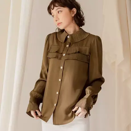 桔熊春秋季气质设计感百褶拼接微光泽衬衫长袖上衣女大码AB17963图片