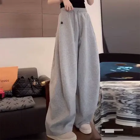 灰色休闲卫裤女2025新款早秋设计感复古慵懒风高腰抽绳显瘦阔腿裤图片