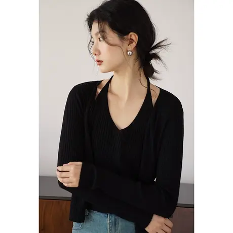 嘉茱莉2023秋季新款假两件针织开衫外套女短款修身V领针织上衣商品大图