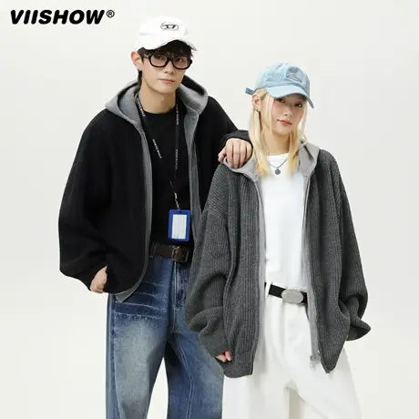 VIISHOW重磅连帽针织开衫男秋秋季美式复古慵懒拉链毛衣外套上衣商品大图