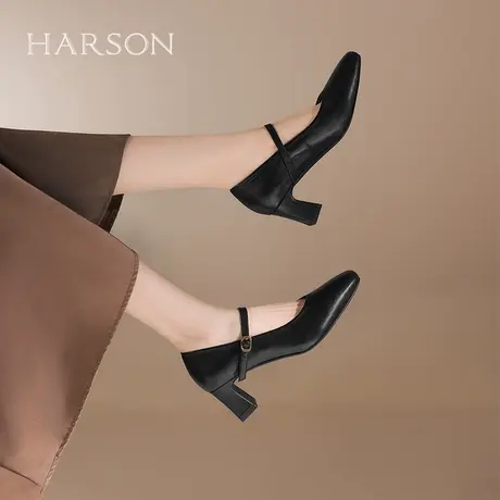 哈森2025新款春季复古真皮女鞋一字带玛丽珍鞋高跟鞋HWS250155商品大图