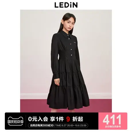 乐町显瘦黑色衬衫长裙2023年秋季新款女装学院风小黑裙气质内搭裙图片