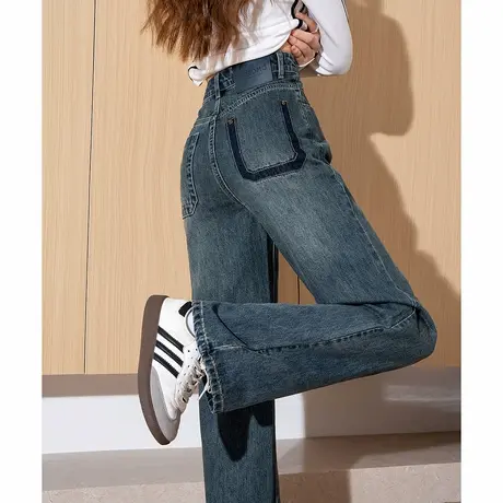 唐狮春季新款牛仔裤女直筒阔腿裤宽松口袋撞色复古潮流时尚长裤TD图片