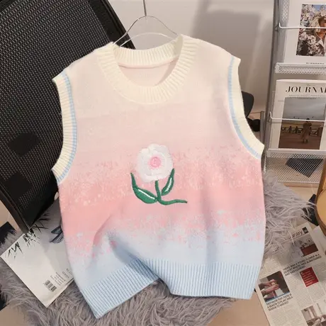 小个子甜美绣花针织马甲背心春秋外搭女宽松秋冬圆领毛衣坎肩马夹图片