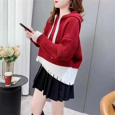 复古短款连帽毛衣女加厚2022秋冬新款宽松假两件小个子针织衫上衣商品大图