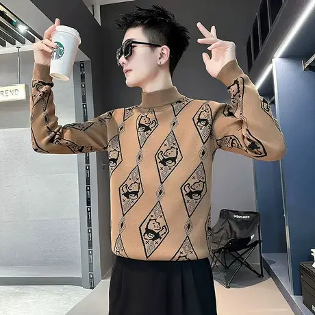 秋冬毛衣男士痞帅潮牌上衣2023新款半高领修身花色INS针织打底衫商品大图