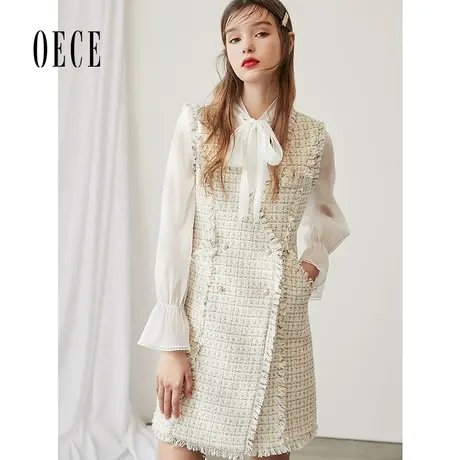 Oece春装新款女装 Chic吸睛力复古个性香风V领织花背心连衣裙图片
