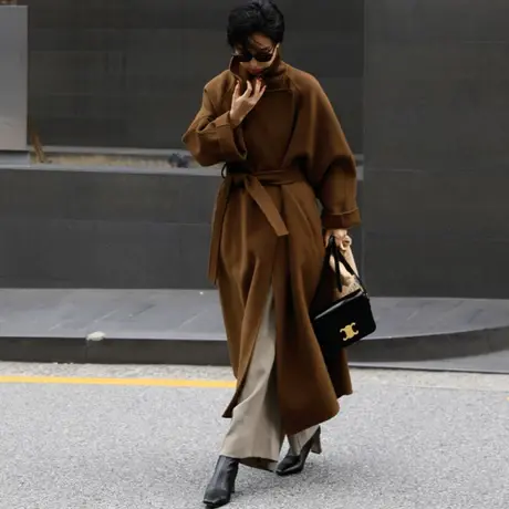 秋冬新款双面羊毛大衣女中长款韩版系带休闲气质赫本风羊绒大衣潮商品大图