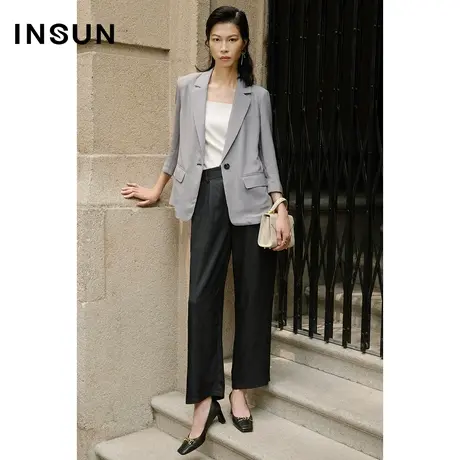 恩裳商场同款夏时尚自然褶皱感经典黑色三醋酸直筒休闲裤商品大图