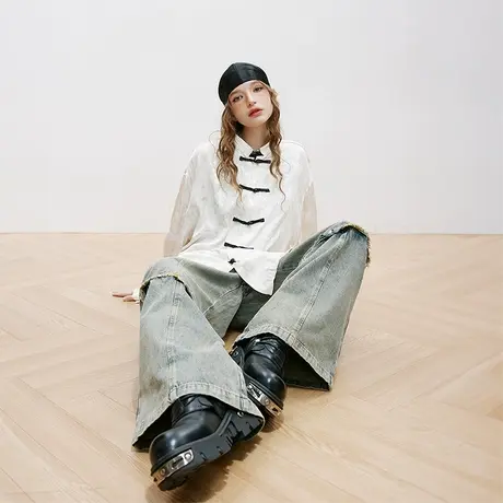 国潮立领衬衫女2023新款春秋款复古宽松新中式上衣设计感小众衬衣商品大图