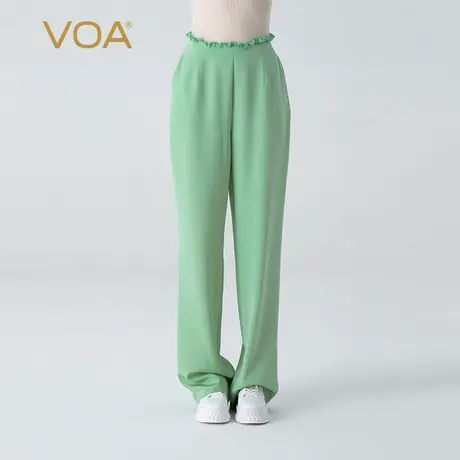 VOA36姆米弹力重绉桑蚕丝翠绿色木耳边松紧腰口袋百搭通勤直筒裤图片