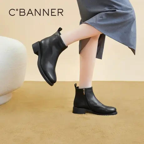 千百度真皮时装靴2023新款秋冬时尚短靴子女鞋美拉德舒适显瘦气质图片